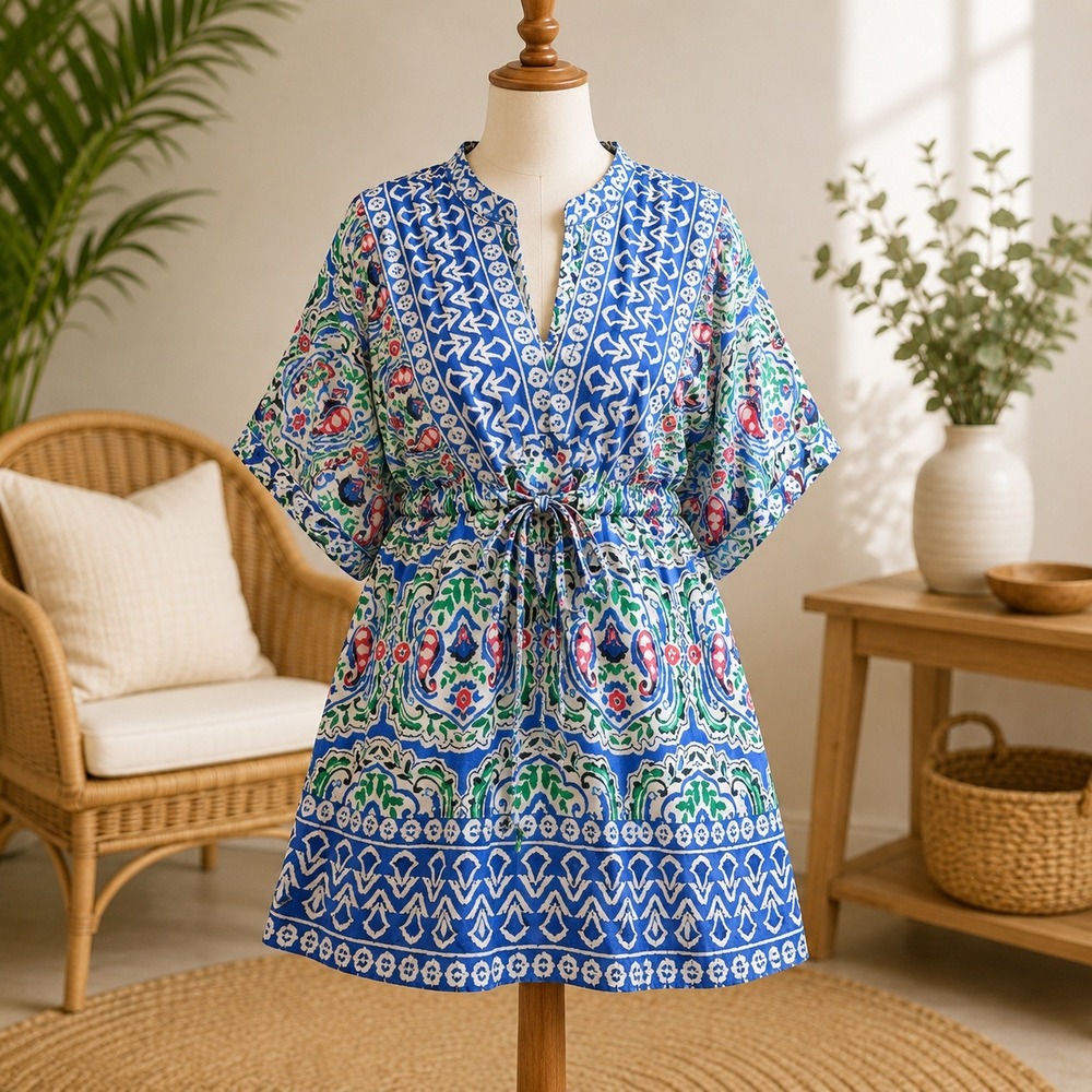 NWT Cupshe Swim Cover Up Dress‎ Womens XL Blue Paisley Ikat Boho Kimono Sleeve